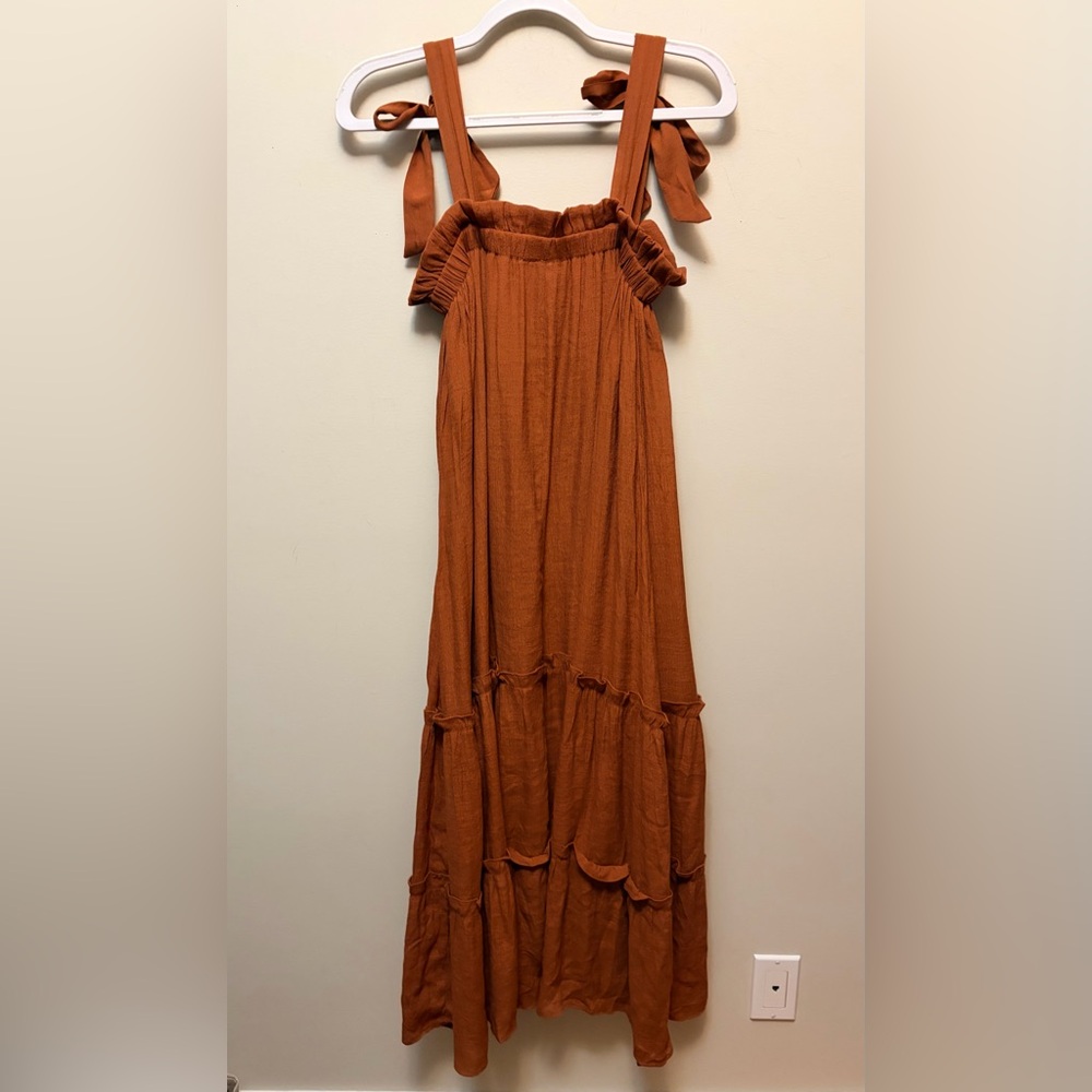 Rust Ruffle Tiered Boho Maxi Dress Tie Straps - Picture 8 of 8
